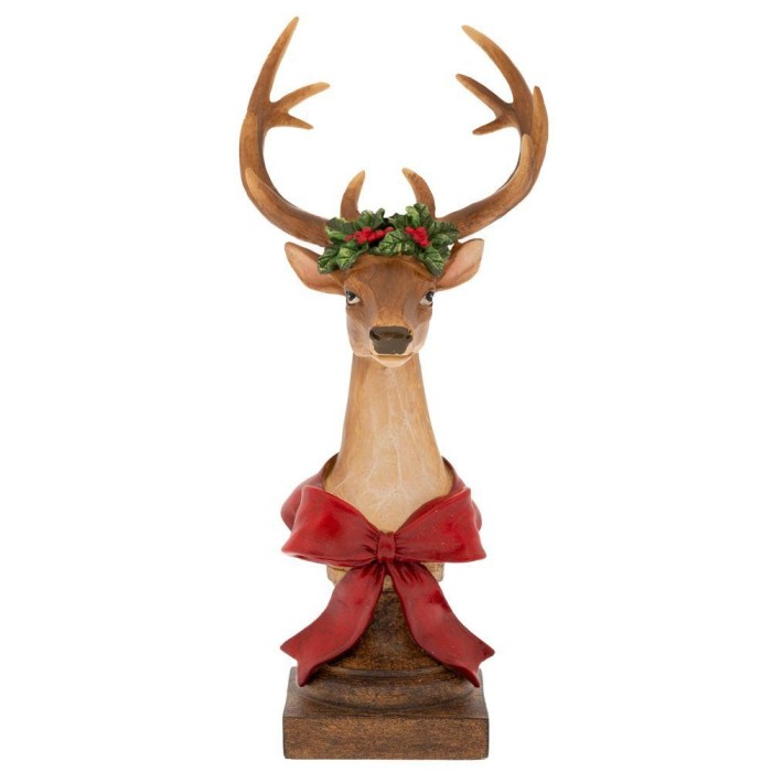 BUSTO DI CERVO MARRONE CON FIOCCO ROSSO 10X9,5X23CM